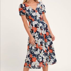 POPPIES NAVY BLUE FLORAL SHEER MIDI DRESS